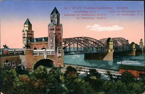 Ansichtskarte Köln Hohenzollernbrücke, Dampfer, Straßenbahn 1916