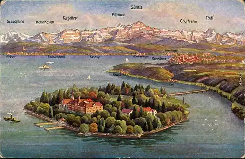 Ansichtskarte Konstanz Blick auf die Insel Mainau - Vogelperspektive 1923 
