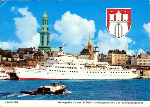 Hamburg Hafenpartie an Landungsbrücken und St. Michaeliskirche 1986