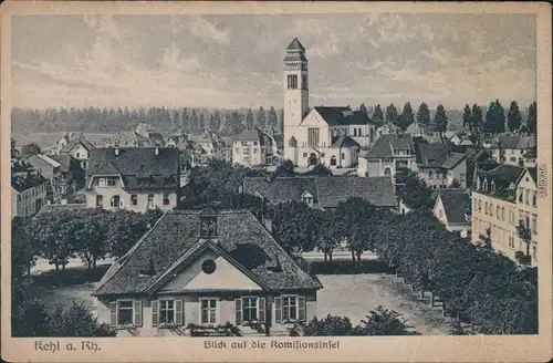 Ansichtskarte Kehl (Rhein) Kirche, Komisionsinsel 1920