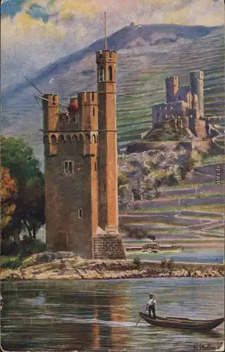 Ansichtskarte Rüdesheim (Rhein) Mäuseturm und Burg/ Ruine Ehrenfels 1924