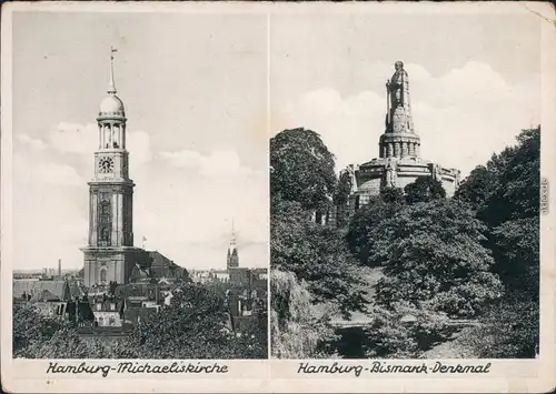 Ansichtskarte St. Pauli-Hamburg Michaeliskirche, Bismarck-Denkmal 1940