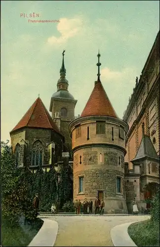 Ansichtskarte Pilsen Plzeň Straßenpartie an der Franziskanerkirche 1909 