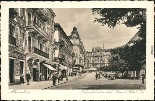 Ansichtskarte Marienbad Mariánské Lázně Hauptrasse, Geschäfte 1934 