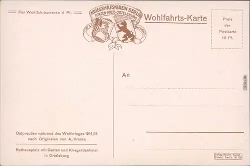 Ortelsburg Szczytno Künstlerkarte, Ostpreußen hilffe Rathausplatz 1916