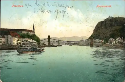 Tetschen-Bodenbach Decín Blick auf Stadt, Brücke und Dampfer 1906 