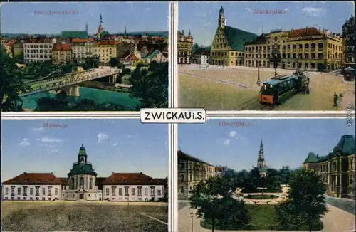 Ansichtskarte Zwickau Paradiesbrücke, Marktplatz, Museum, Albertplatz 1924
