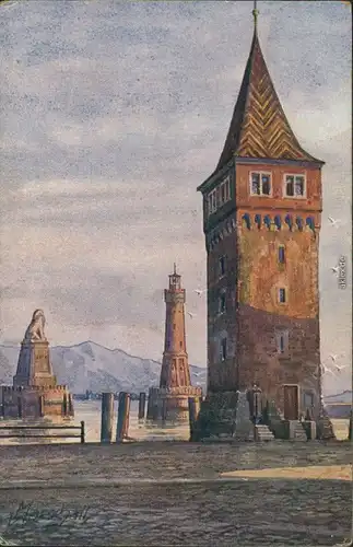 Ansichtskarte Lindau (Bodensee) Hafeneinfahrt und Mangenturm 1910
