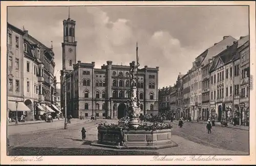 Ansichtskarte Zittau Marsbrunnen/Rolandsbrunnen und Rathaus 1935