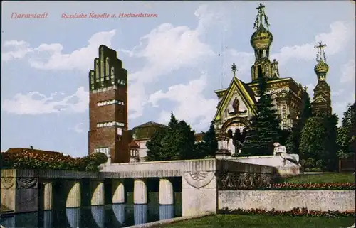 Ansichtskarte Darmstadt russische Kapelle und Hochzeitsturm 1915