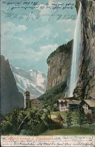Ansichtskarte Lauterbrunnen Kirche, Staubbach, Wasserfall 1905