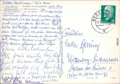 Ansichtskarte Bernburg (Saale) Ausflugsgaststätte "Paradies" c 1964