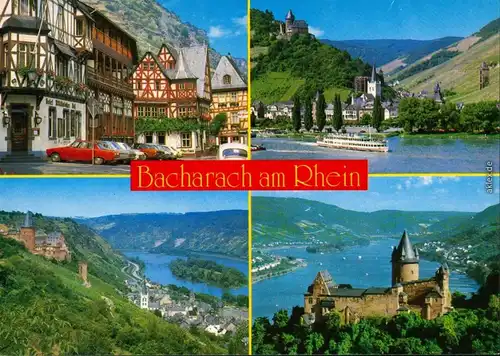 Ansichtskarte Bacharach Panorama, Straße, Fachwerkhäuser, Burg 1985