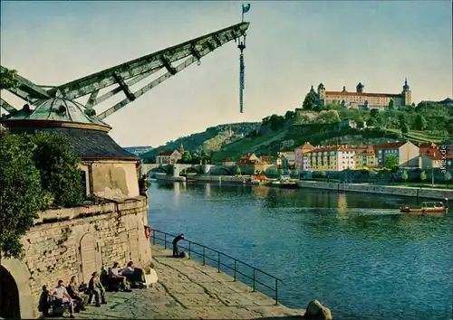 Ansichtskarte Würzburg Alter Kranen mit Blick zur Festung Marienberg 1985