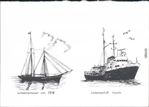 Ansichtskarte  Künstlerkarte - Segelschiff und Lotsenschiff 1985