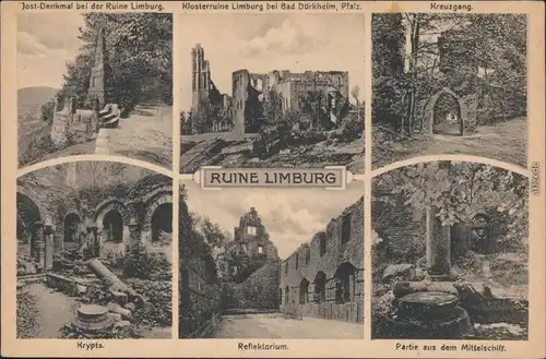 Bad Dürkheim Mehrbild: Jost-Denkmal, Klosterruine, Kreuzgang, Krypta 1922 