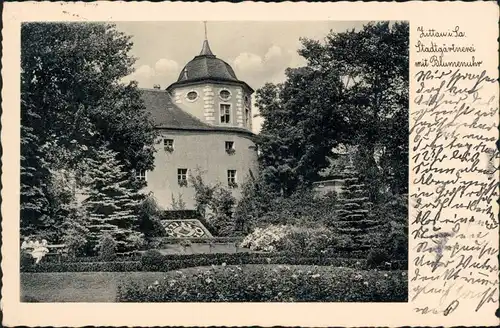 Ansichtskarte Zittau Bank, Stadtgarten - Blumenuhr 1935 