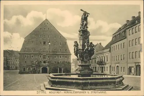 Ansichtskarte Zittau Herkulesbrunnen und Stadtwaage 1916 