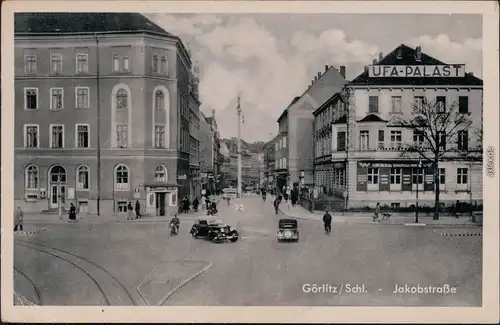 Görlitz Zgorzelec Jakobstraße mit UFA-Palast und Oldtimerverkehr 1945