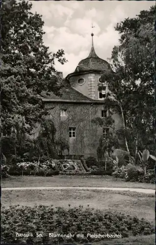 Ansichtskarte Zittau Blumenuhr mit Fleischerbastei 1959 