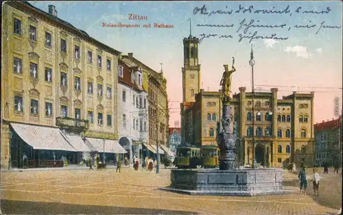 Ansichtskarte Zittau Geschäfte, Rolandbrunnen 1915 