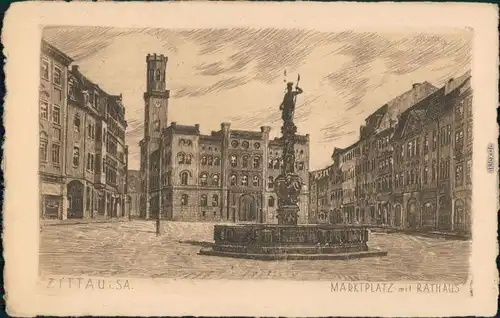 Ansichtskarte Zittau Marktplatz - Federzecihnung 1928 