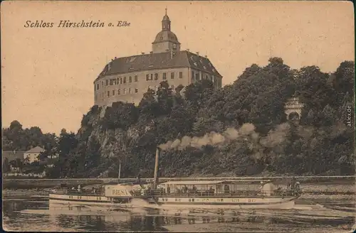 Ansichtskarte Hirschstein Dampfer Riesa vor Schloß Hirschstein 1914 