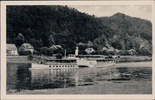 Ansichtskarte Schmilka Dampfer vor der Stadt 1954 