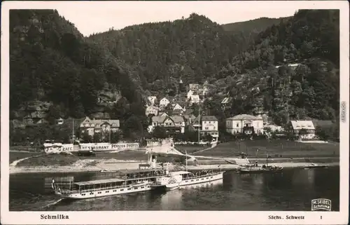 Ansichtskarte Schmilka Dampfer, kleines Dampfschiff - Pension Prüfer 1938 