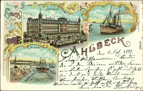 Ansichtskarte Ahlbeck (Usedom) Litho Ak: Ahlbecker Hof, Strand, Dampfer 1899 