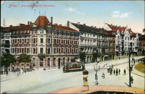 Ansichtskarte Zittau Bahnhofstraße, Straßenbahn Hotel Reichshof 1916 