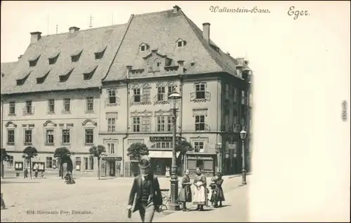 Ansichtskarte Eger Cheb Geschäfte, Straße - Wallensteinhaus 1908 