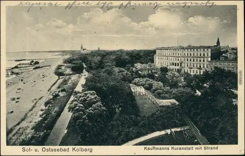 Ansichtskarte Kolberg Kołobrzeg Kauffmanns KUranstalt mit Strand 1922 