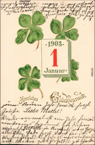  Glückwunsch - Neujahr/Sylvester: Kleeblätter, Kalender 1902 Goldrand