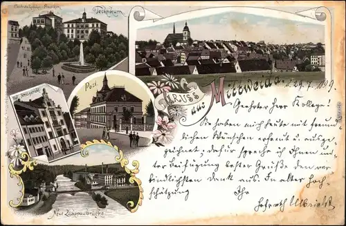 Mittweida Litho: Panorama, Post, Amtsgericht, Zschopaubrücke 1899 