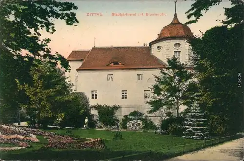Ansichtskarte Zittau Stadtgärtnerei mit Blumenuhr 1908 