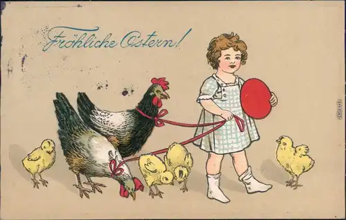  Fröhliche Ostern - Kind führt Hahn und Küken aus 1912 Prägekarte