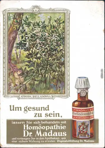 Reklame Werbung vhomöopathischer Heilmittel Atropa belladonna Tollkirsche 1920