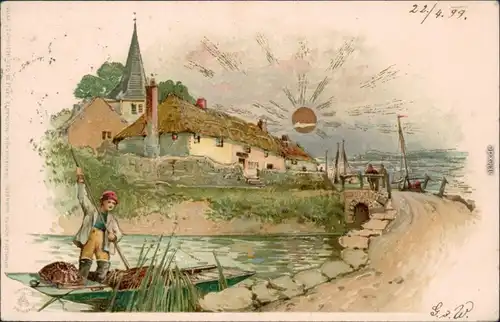  Künstlerkarte: Kirche, Dorf, Fluss, Junge auf Boot "Sonnenschein" 1899 Goldrand