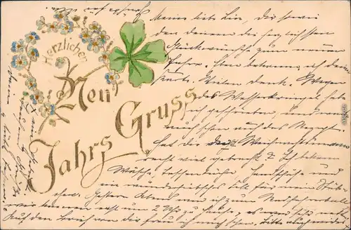  Glückwunsch - Neujahr/Sylvester: Kleeblatt u. Goldene Schrift 1904 Goldrand