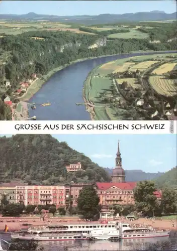 Bad Schandau 2-Bild:Blick von der Bastei, Kirche, Elbdampfer 1972