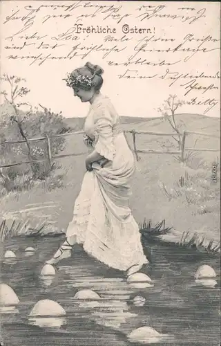  Glückwunsch/Grußkarten: Ostern - Frau balanciert über Teich 1904