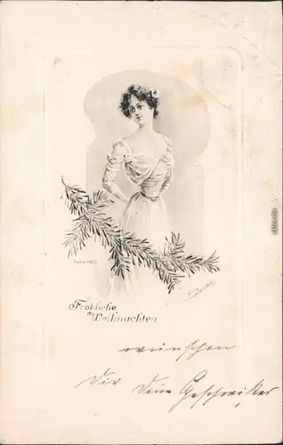 Glückwunsch  Weihnachten - Frau im Kleid, Tannenzweig 1902 Passepartout
