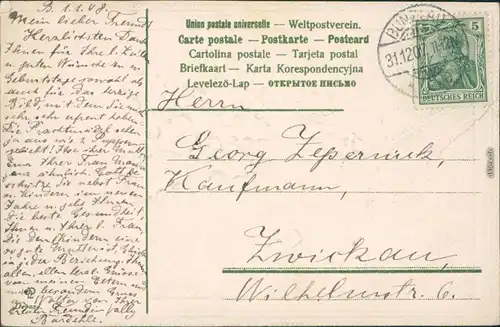  Glückwunsch - Neujahr/Sylvester: Uhr mit Hufeisen, Zweig 1907 Prägekarte