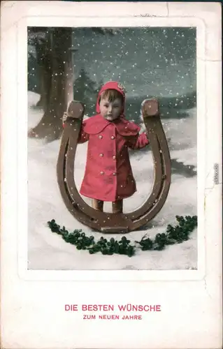 Ansichtskarte  Kind mit Riesen-Hufeisen, Neujahr 1912