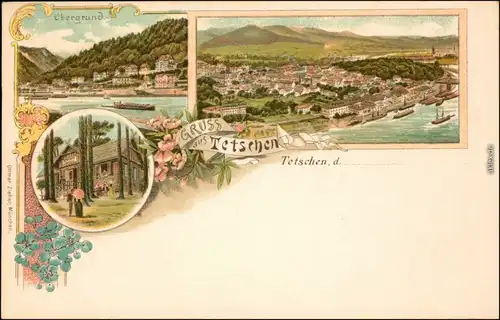 Litho Tetschen-Bodenbach Decín Obergrund, Panorama, Waldhütte - Zeichnung 1905