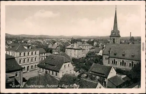 Grottau Hrádek nad Nisou Blick auf Straße, Postamt und Kirche 1933