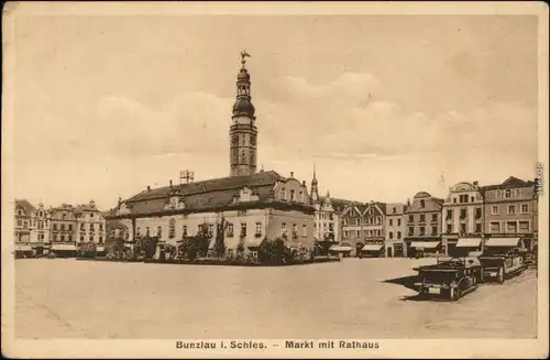 Ansichtskarte Bunzlau Bolesławiec Autos, Markt und Rathaus 1922 