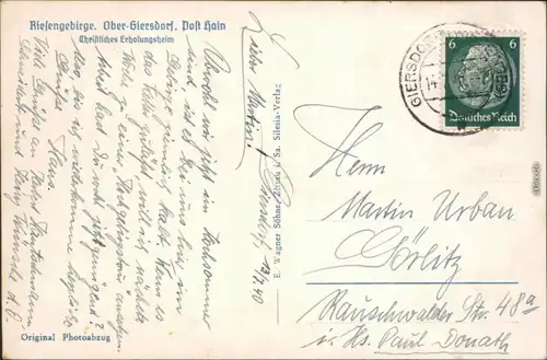 Ansichtskarte Ober-Giersdorf Christliches Erholungsheim 1940