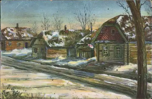 Ansichtskarte  Künstlerkarte: Militaria WK1 russisches Dorf 1916 